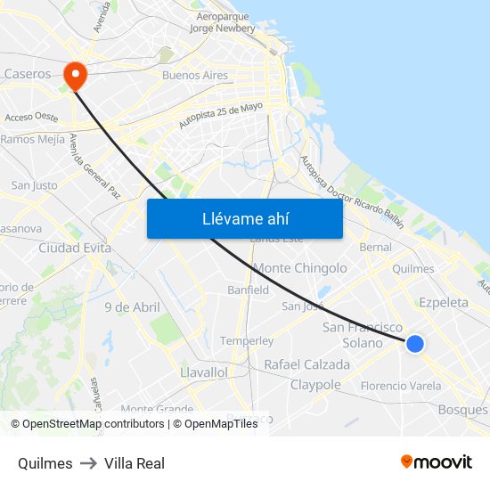 Quilmes to Villa Real map
