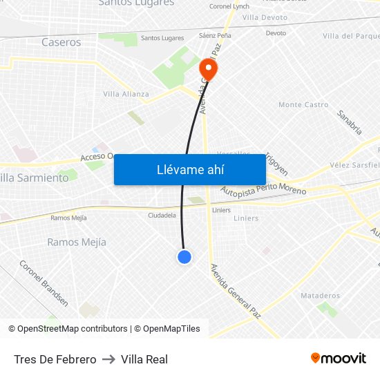 Tres De Febrero to Villa Real map