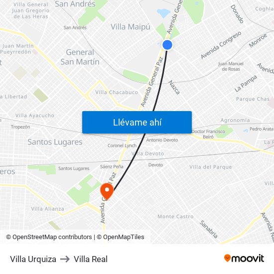 Villa Urquiza to Villa Real map