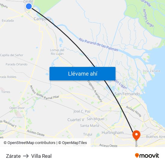 Zárate to Villa Real map
