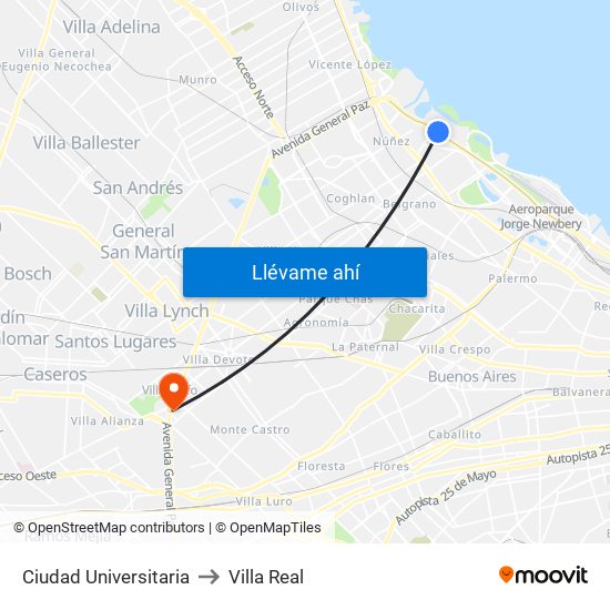 Ciudad Universitaria to Villa Real map