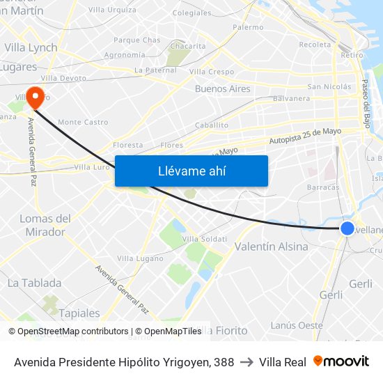 Avenida Presidente Hipólito Yrigoyen, 388 to Villa Real map