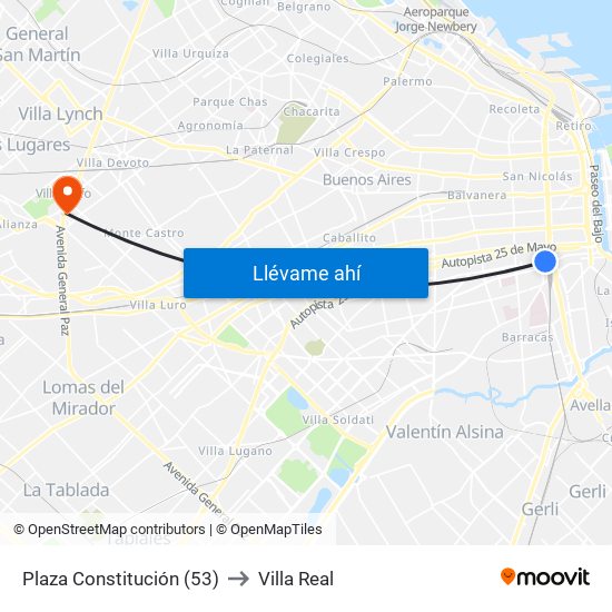 Plaza Constitución (53) to Villa Real map