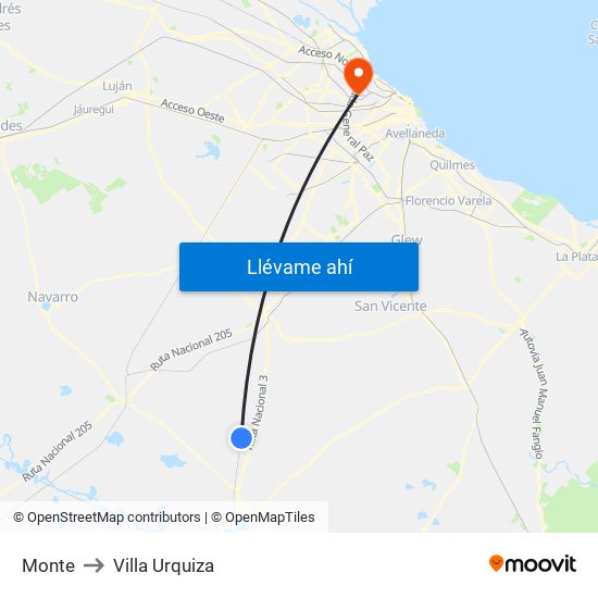 Monte to Villa Urquiza map