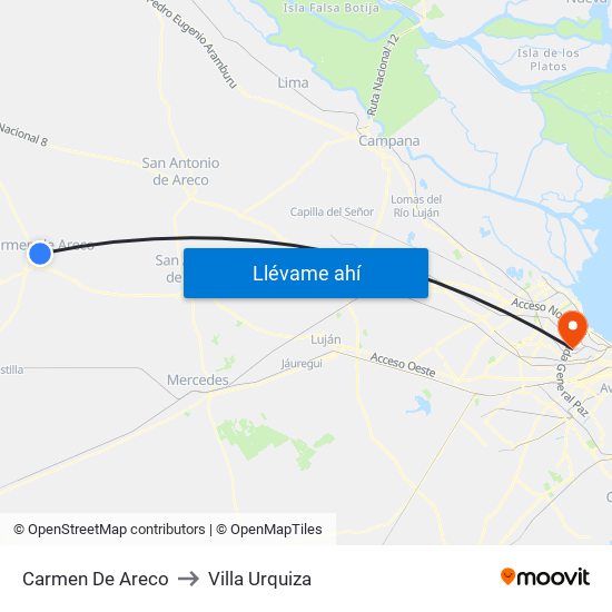 Carmen De Areco to Villa Urquiza map
