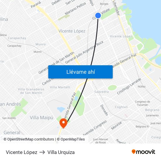 Vicente López to Villa Urquiza map