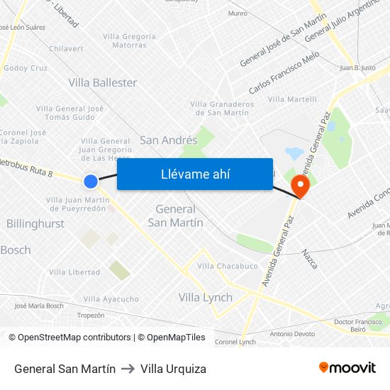General San Martín to Villa Urquiza map