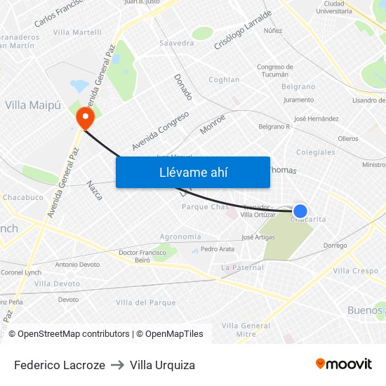 Federico Lacroze to Villa Urquiza map