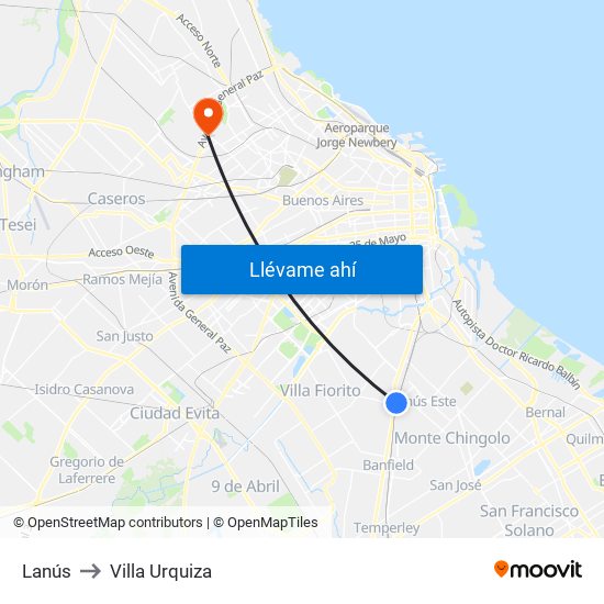 Lanús to Villa Urquiza map