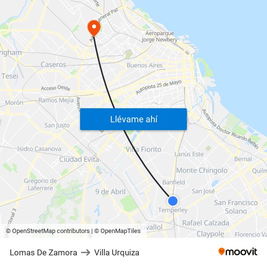 Lomas De Zamora to Villa Urquiza map