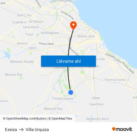 Ezeiza to Villa Urquiza map