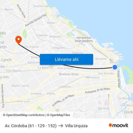 Av. Córdoba (61 - 129 - 152) to Villa Urquiza map