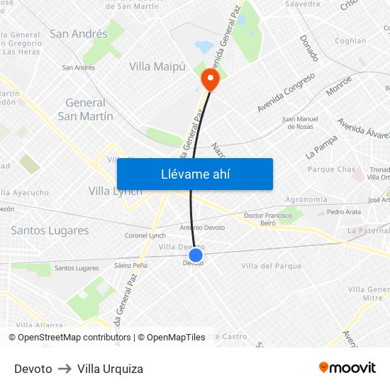 Devoto to Villa Urquiza map