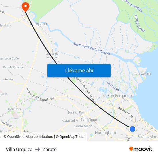 Villa Urquiza to Zárate map