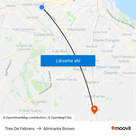 Tres De Febrero to Almirante Brown map