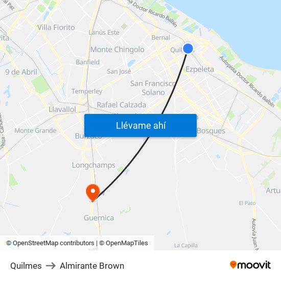 Quilmes to Almirante Brown map