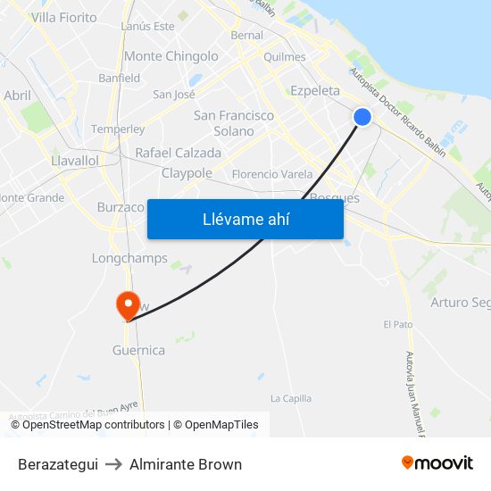 Berazategui to Almirante Brown map