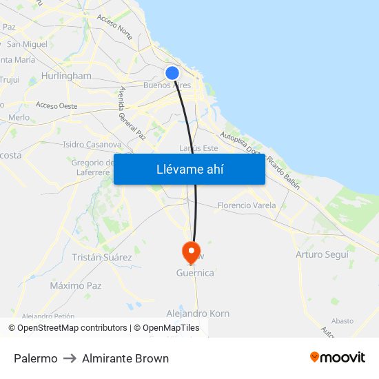 Palermo to Almirante Brown map