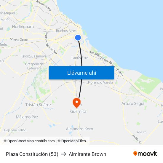 Plaza Constitución (53) to Almirante Brown map