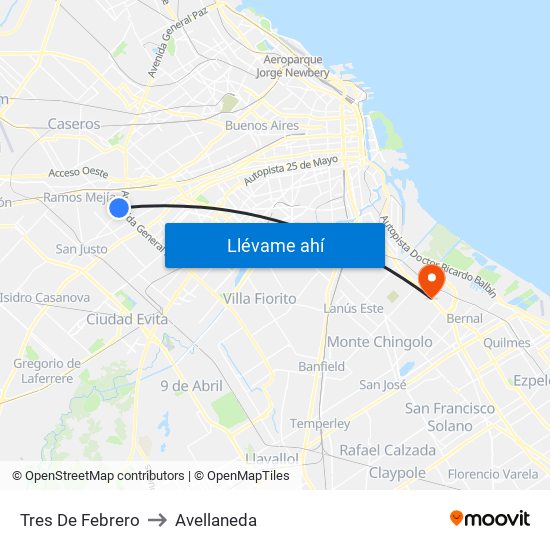 Tres De Febrero to Avellaneda map