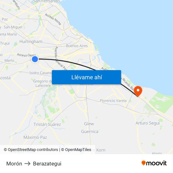 Morón to Berazategui map