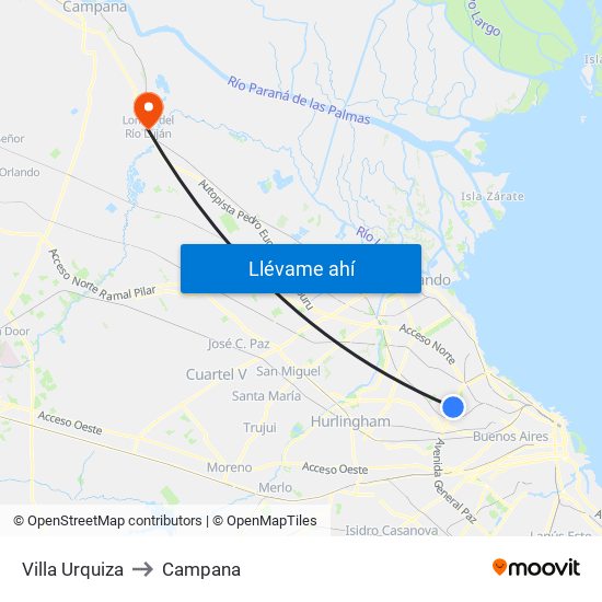 Villa Urquiza to Campana map