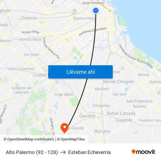 Alto Palermo (92 - 128) to Esteban Echeverría map