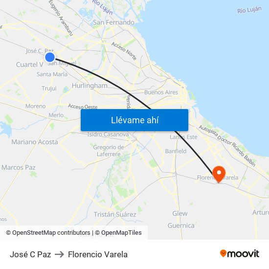 José C Paz to Florencio Varela map