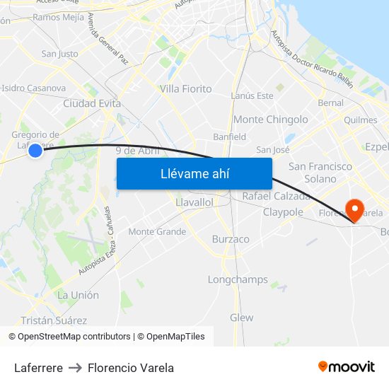 Laferrere to Florencio Varela map