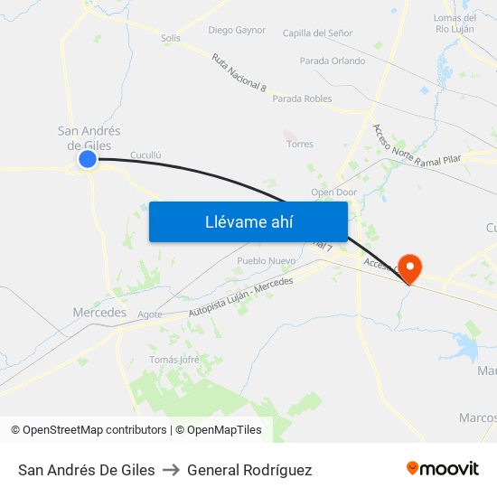 San Andrés De Giles to General Rodríguez map