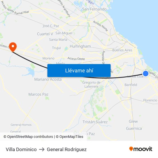 Villa Dominico to General Rodríguez map