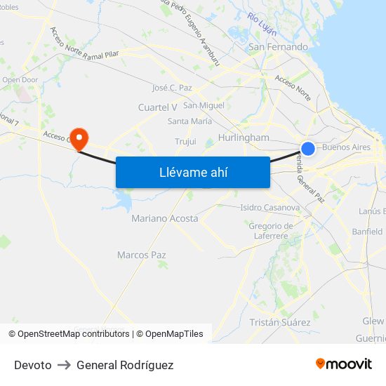 Devoto to General Rodríguez map