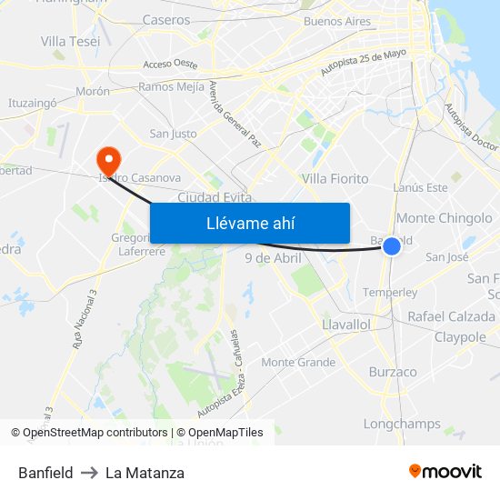 Banfield to La Matanza map