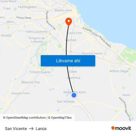 San Vicente to Lanús map