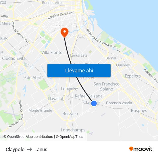 Claypole to Lanús map