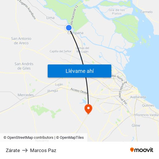 Zárate to Marcos Paz map