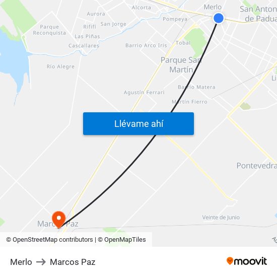 Merlo to Marcos Paz map
