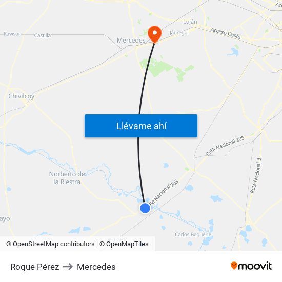 Roque Pérez to Mercedes map
