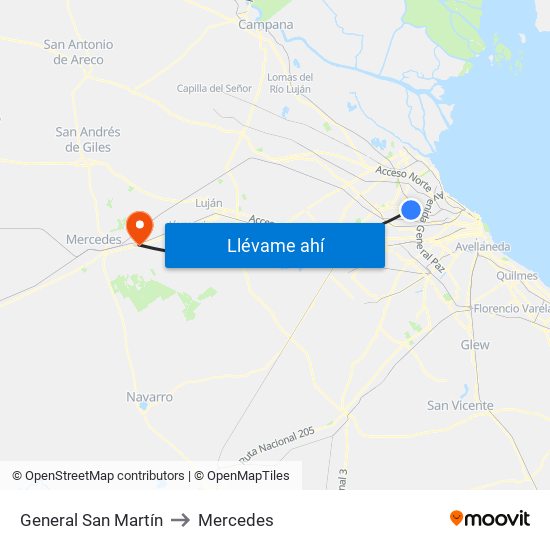 General San Martín to Mercedes map