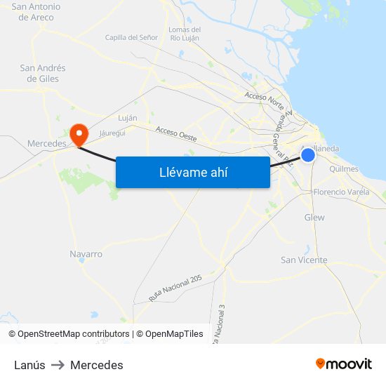 Lanús to Mercedes map