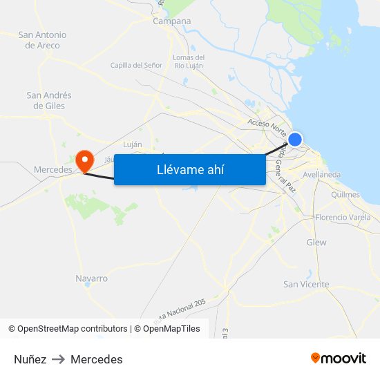 Nuñez to Mercedes map