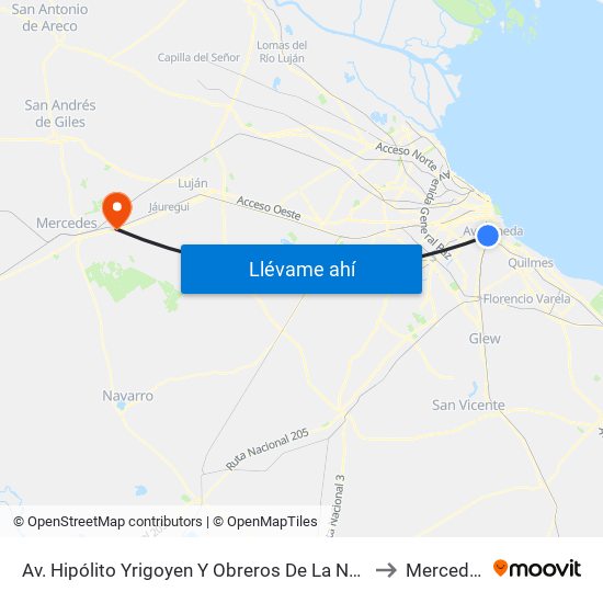 Av. Hipólito Yrigoyen Y Obreros De La Negra to Mercedes map