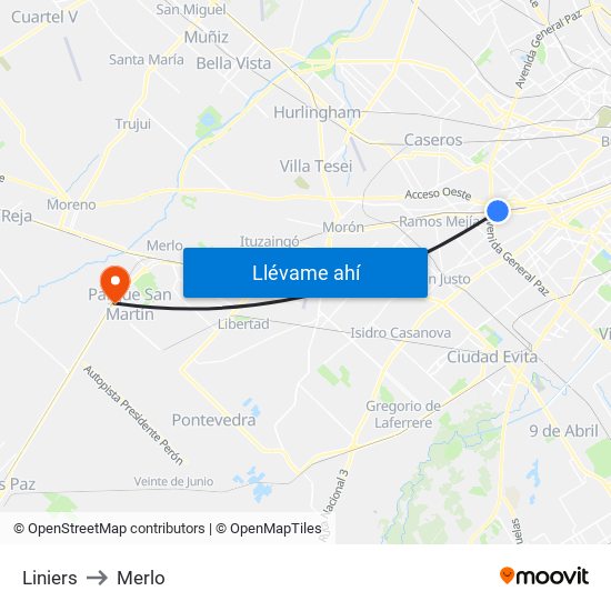 Liniers to Merlo map