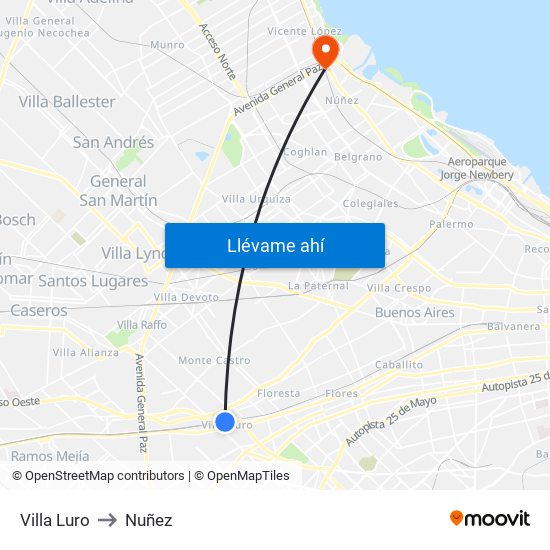 Villa Luro to Nuñez map