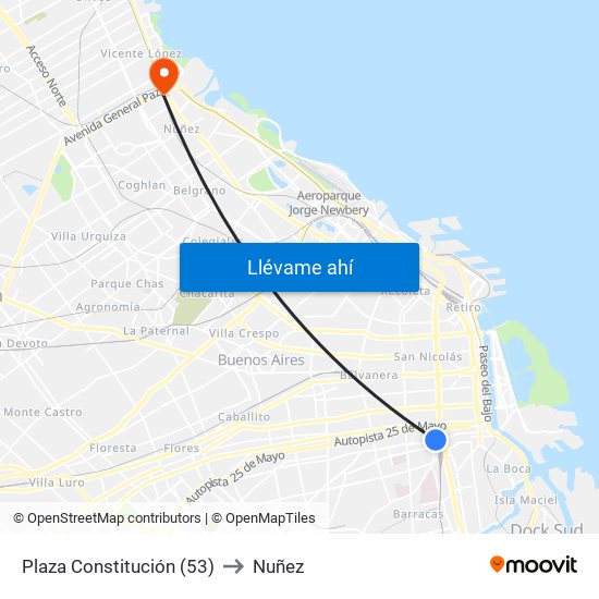 Plaza Constitución (53) to Nuñez map