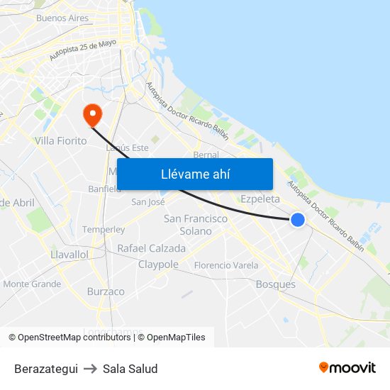 Berazategui to Sala Salud map