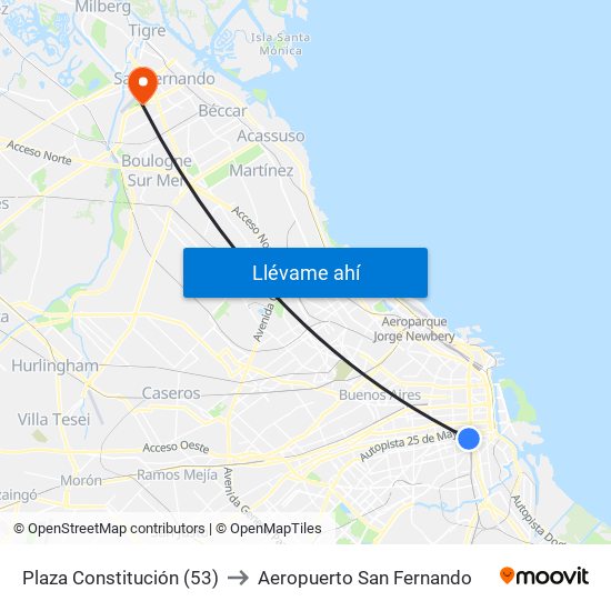 Plaza Constitución (53) to Aeropuerto San Fernando map