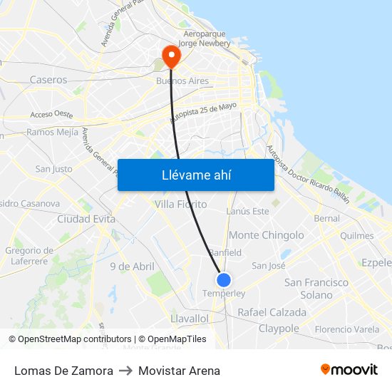 Lomas De Zamora to Movistar Arena map