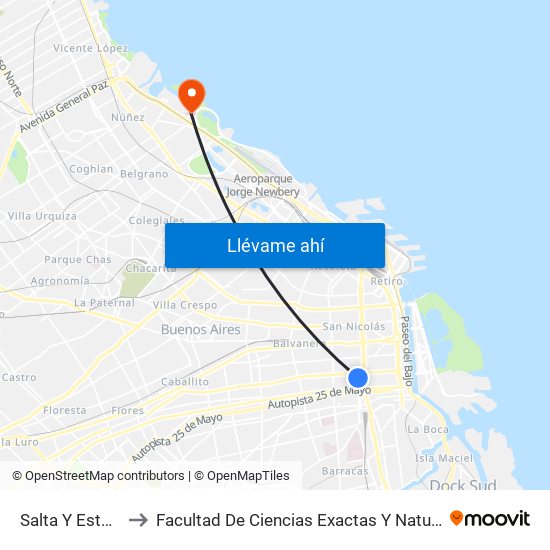 Salta Y Estados Unidos to Facultad De Ciencias Exactas Y Naturales - Pabellón Cero + Infinito map