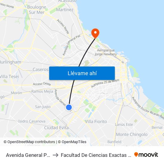 Avenida General Paz Y Avenida Eva Perón to Facultad De Ciencias Exactas Y Naturales - Pabellón Cero + Infinito map